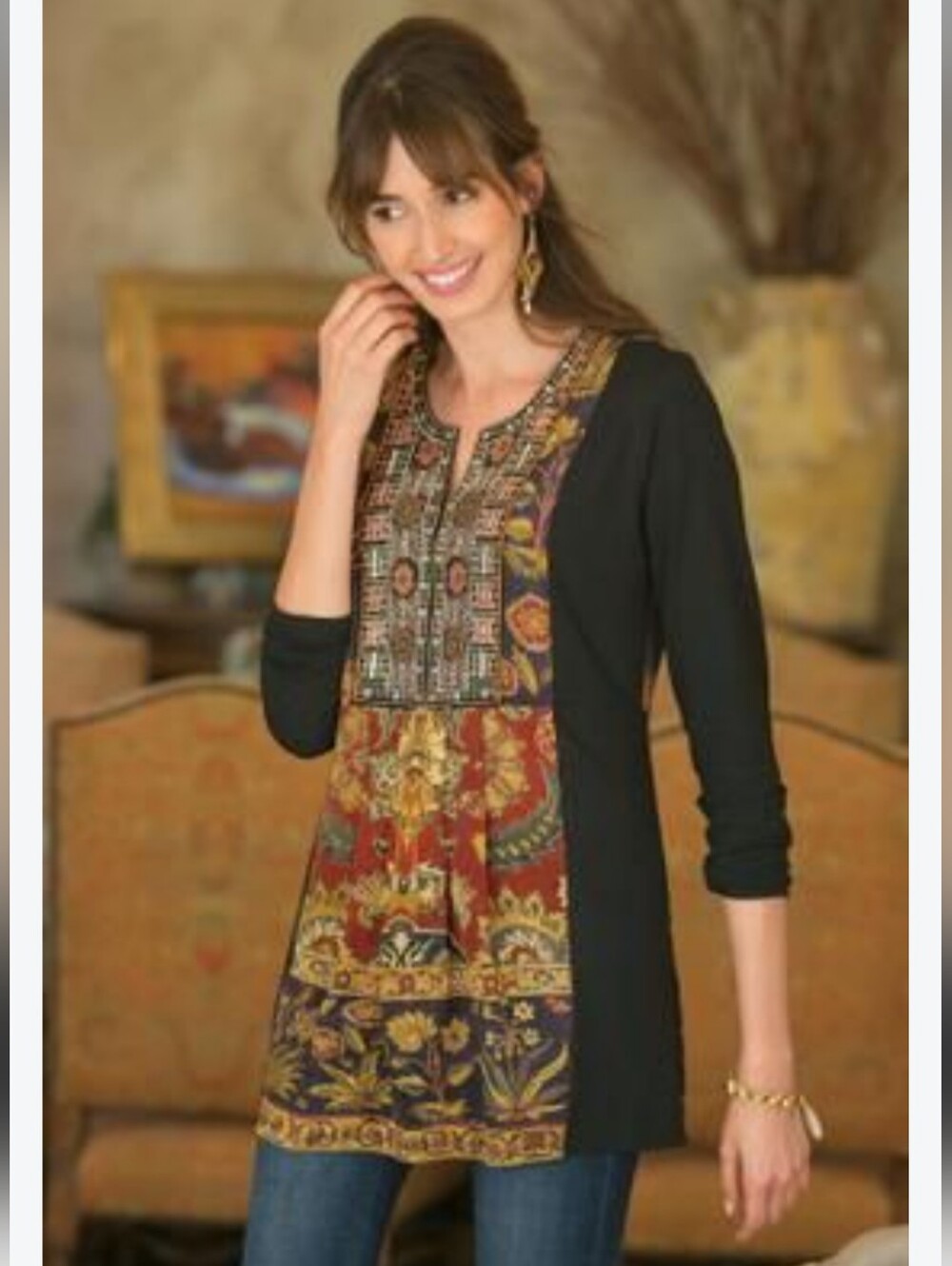 Soft Surroundings Black Tunic with Multicolor Embroidered Yoke Bohemian Size 2X